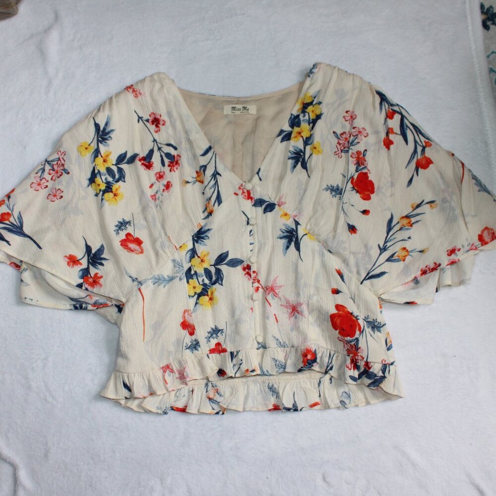 Miss Me Floral Feminine Top Bell Sleeves Ruched Crop Top Cream Blue Red Yellow